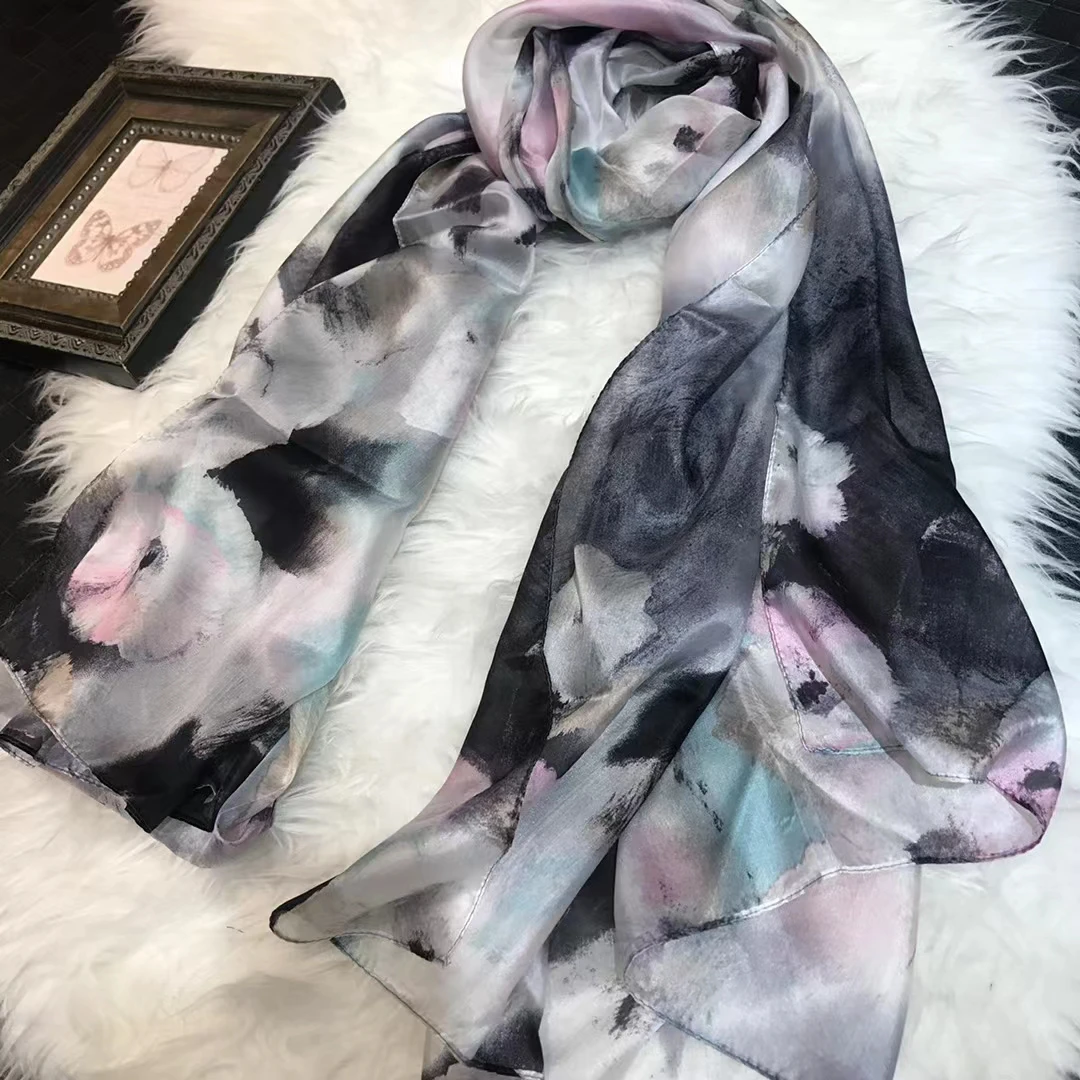 Pomarańczowy niebieski zima kobiety czysty jedwab szal szal wiosna jesień moda duże eleganckie klasyczne długie szale okłady drukowane 180*110cm