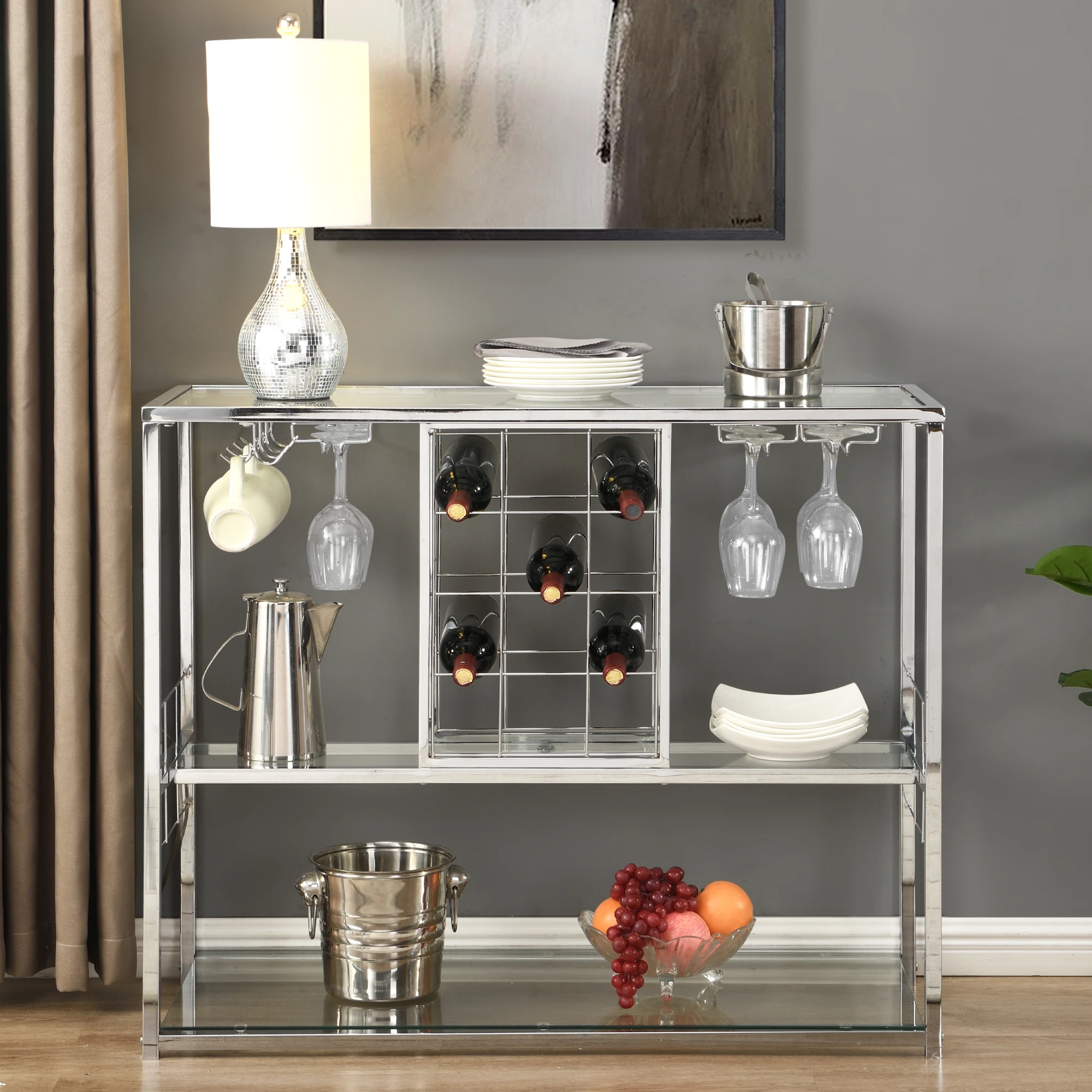 Contemporary Chrome Wine Rack Table Silver Modern Glass Metal Frame Wine Storage 110x41x85.5CM[US-Stock]