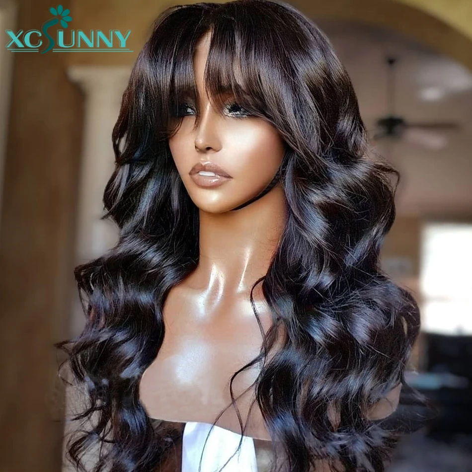 Body Wave Wig With Bangs Remy Brazilian Bangs Wig Human O Scalp Top Full Machine Made Wig Wavy Human Hair Wig For Women Xcsunny