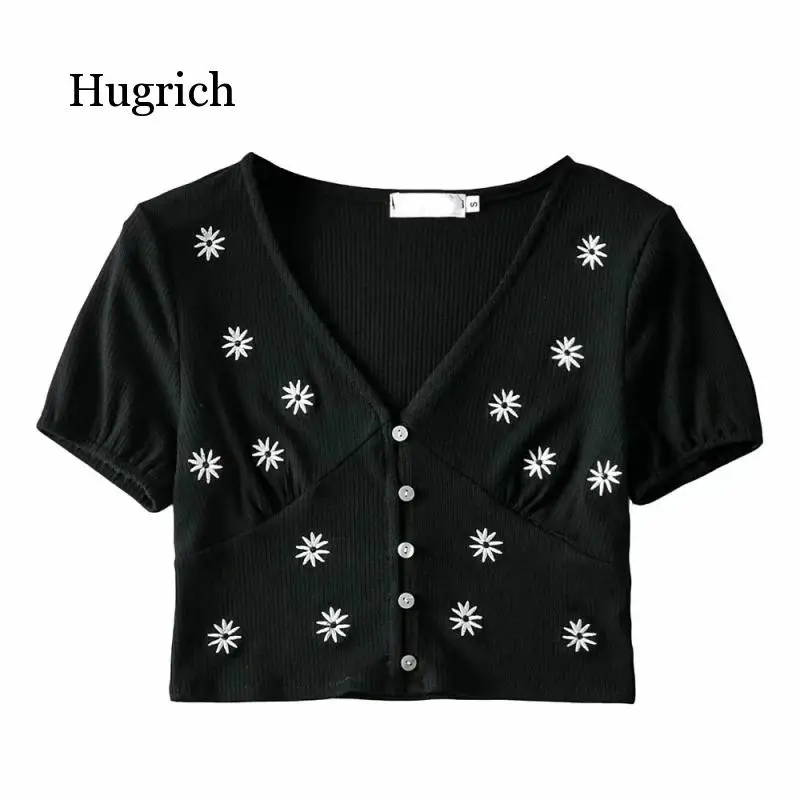 2021 Hot Sell Little Daisy Embroidery Short Sleeve T-Shirt Female Ins Style Women's Summer Sexy Purple Top