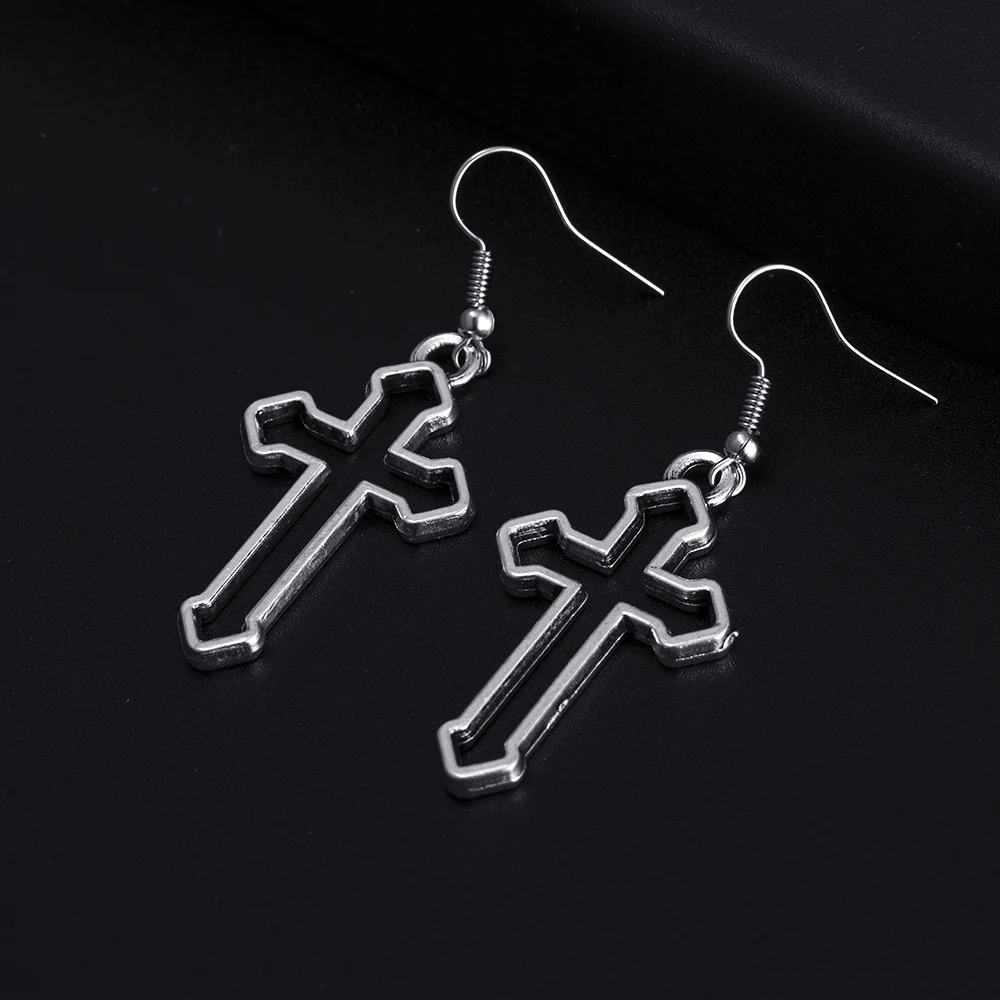 Trendy Vintage Cross Shape Dangle  Antique Silver Plated Earrings for Women Girl Retro Drop Earrings Cute Earring Jewelry Bijoux