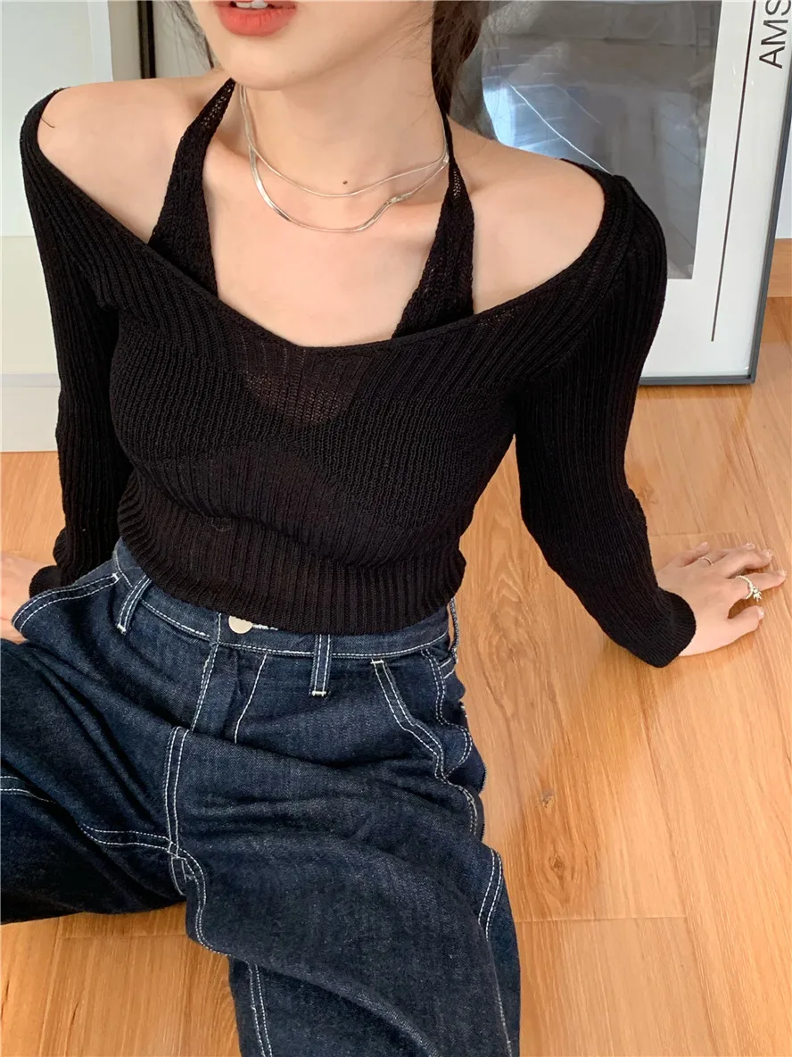 Karrram Fake Two-piece T-shirt Long Sleeve Halter Black Tops Knit  Slim Sweater Tops Women Autumn  Spring Sexy Female Tee Tops