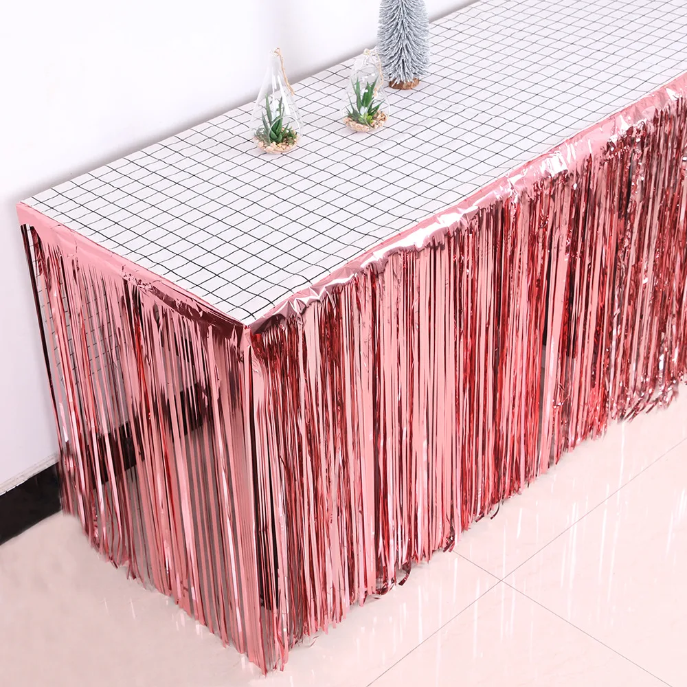 Table Skirt Foil Fringe Curtains Blue Gold Pink Glossy Metallic Tinsel for Party Birthday Gatherings Holiday Wedding Decorations