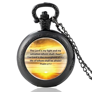 Bible Verse “The Lord Is My Light And My Salvation Whom Shall I Fear” Quartz Pocket Watch Men Women Pendant Necklace Hours Clock