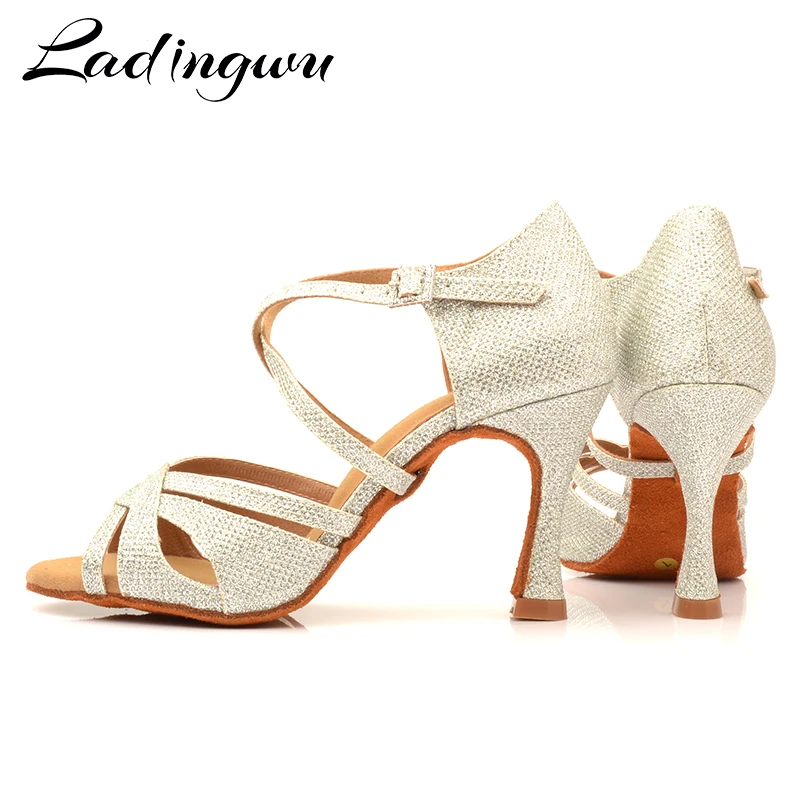 Ladingwu Sıcak Salsa Dans Ayakkabıları Kadın Açık Mavi Glitter kumaş Latin Balo Salonu Parti Yumuşak Alt Dans Ayakkabıları Topuk 6- 10cm
