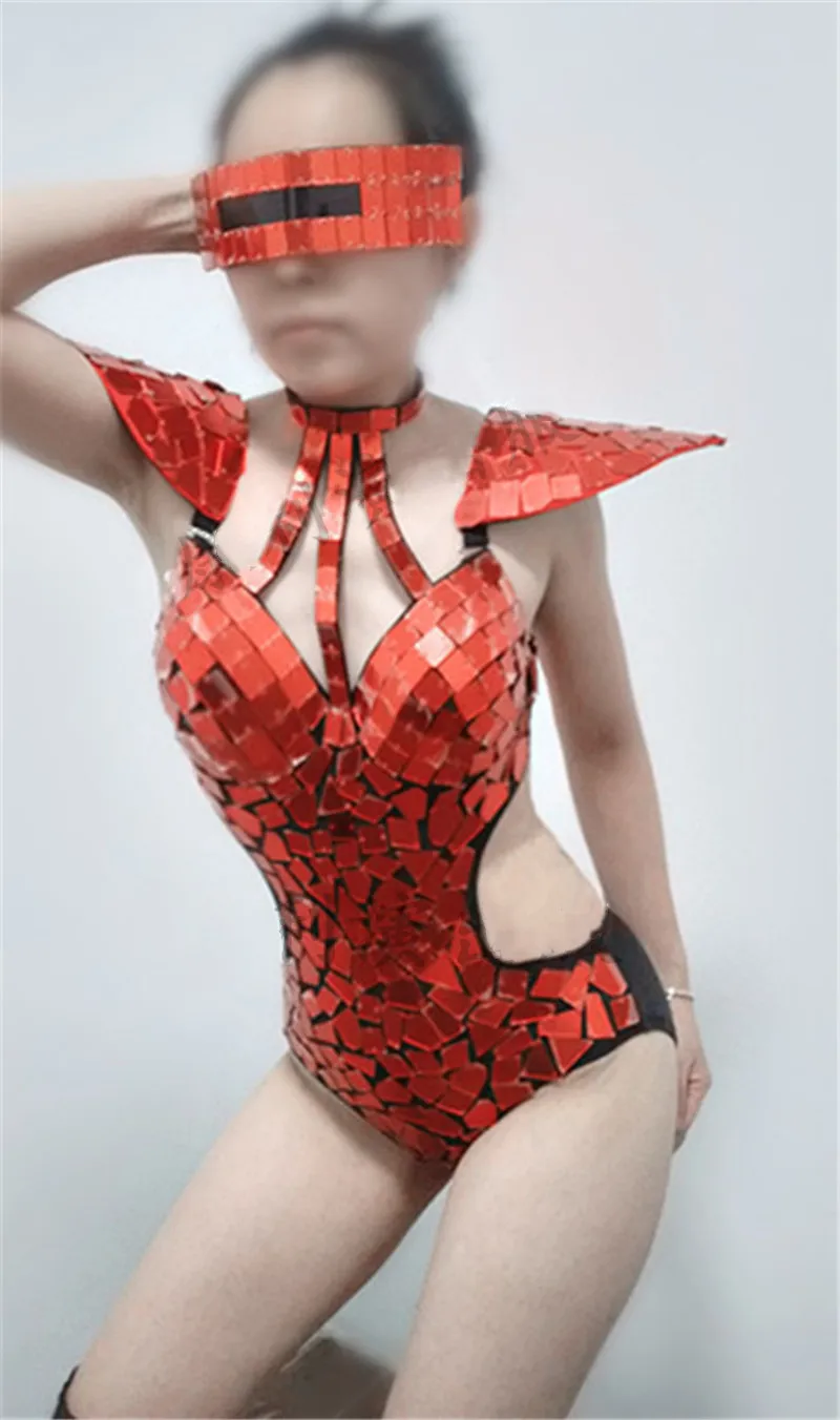 Red Gold Mirrors Flying Shoulder Bodysuit Sexy Nightclub Gogo Costume Bar Nightclub DJ Singer Dancer Stage Performance Clothes