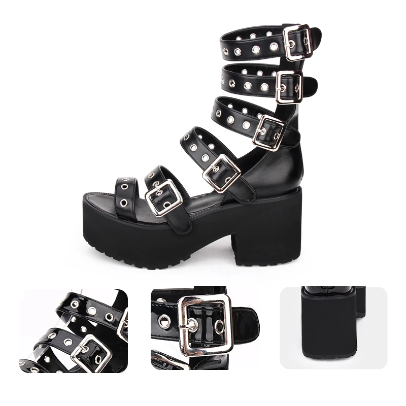 Women\'s Thick Bottom Muffin Platform High Heel Shoes Summer Buckle Straps Chunky Heels Punk Gladiator Sandal Boots Lolita Shoes