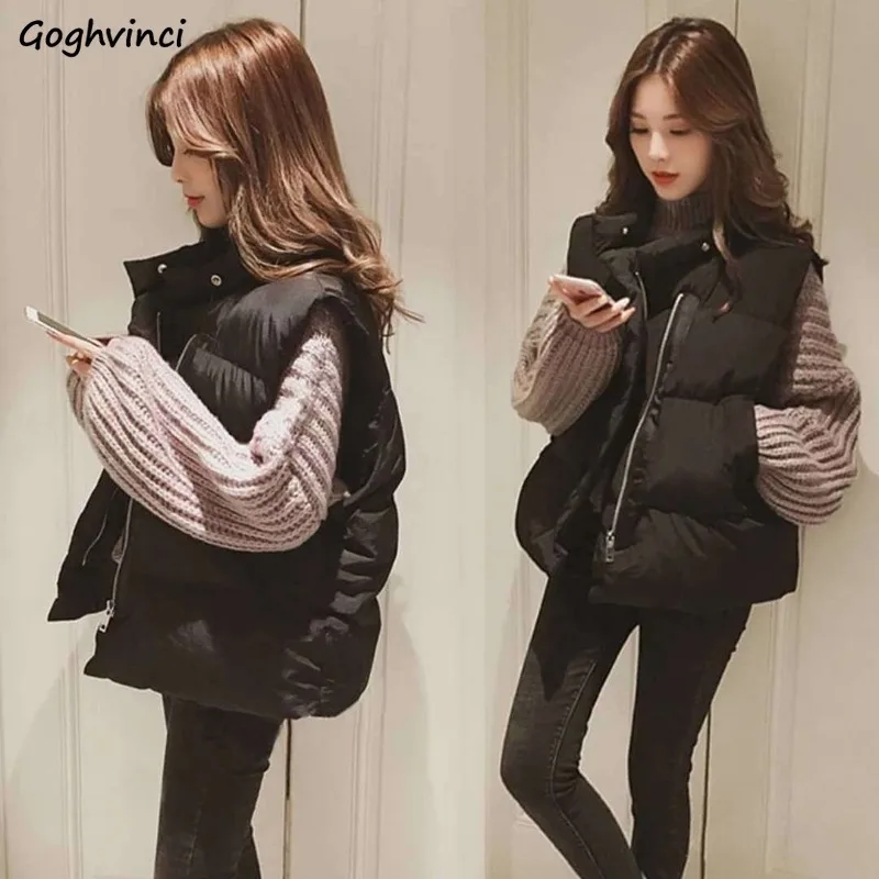 Vests Waistcoats Women Thicken Winter Solid Zipper Womens Windproof Outwear Retro Ulzzang Korean Style Ins Turn-down Collar New