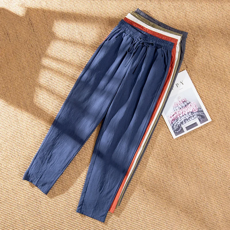 Calça lápis cor doce feminina, calça de linho algodão casual streetwear, moda primavera e verão