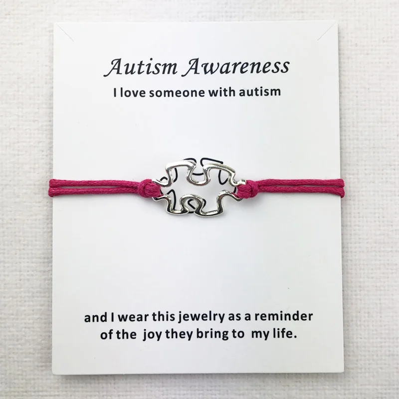 Awareness Autism Charms Cuff Multilayer Red Wax Rope Bracelets Antique Silver Plated Women Men Unisex With Card Bracelet Jewelry image 3