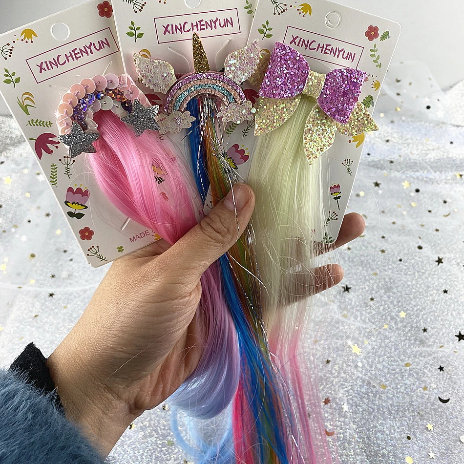 Girls Rainbow Wig Hair Clip Unicorn Sequins Bow Princess Hairpin Baby Butterfly Barrette Kid Kawaii Hairclip Hair Accessorie