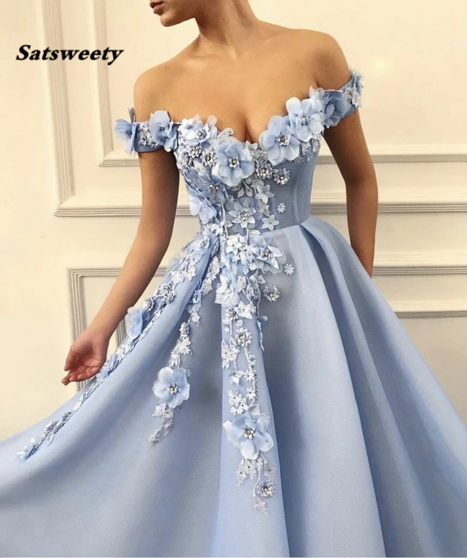 Lichtblauw Off Shoulder Tulle Prom Dresses Vrouwen Formele Party Night Lange Vestidos De Gala Appliqus Bloemen Elegante Avondjurken