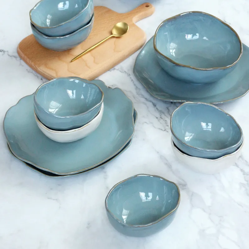 Nordic Creative Ceramic Tableware Irregular Fruit Salad Bowl Hotel Restaurant Western Food Plate Sea Blue Ceramic Dinner Set