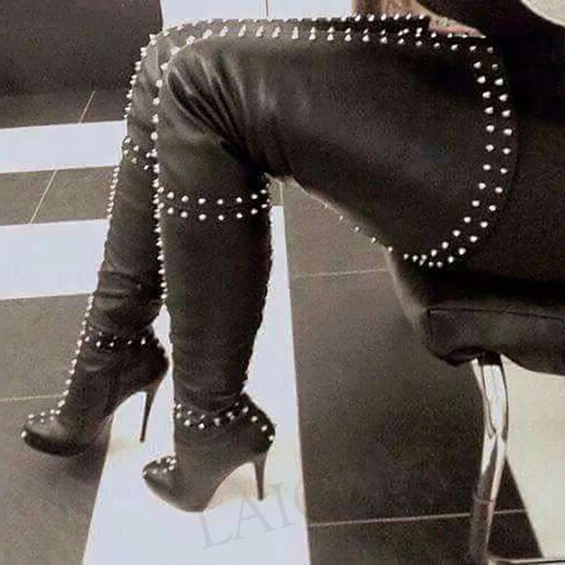 SEIIHEM Women Thigh High Platform Boots Studded Over Knee Boots Side Zip Party Shoes Woman Botas Mujer Size 43 44 45 46 47 52