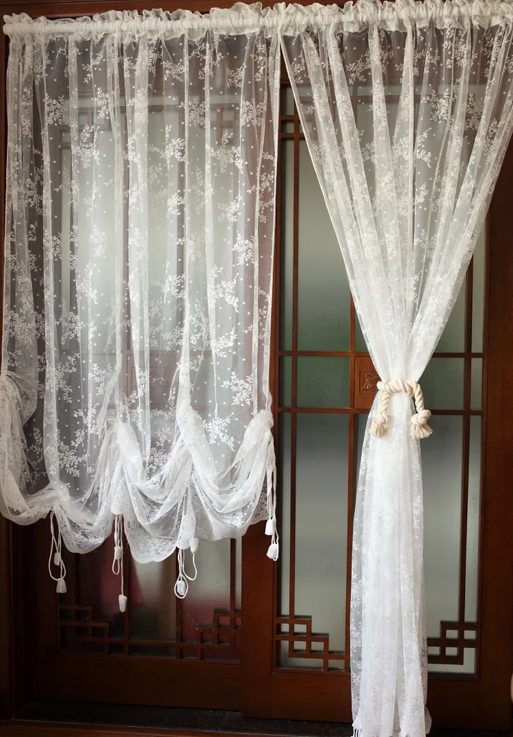 Roman Balloon Curtain Partition White Lace Gauze Floral Drawstring Pull Valance for Living Room Bedroom Rod Pocket Style