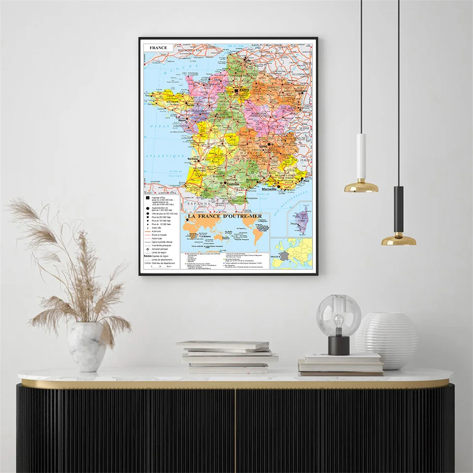 Mapa de transporte de Francia en francés, póster de arte de pared, pintura en lienzo, sala de estar, decoración del hogar, suministros escolares, 60x90cm