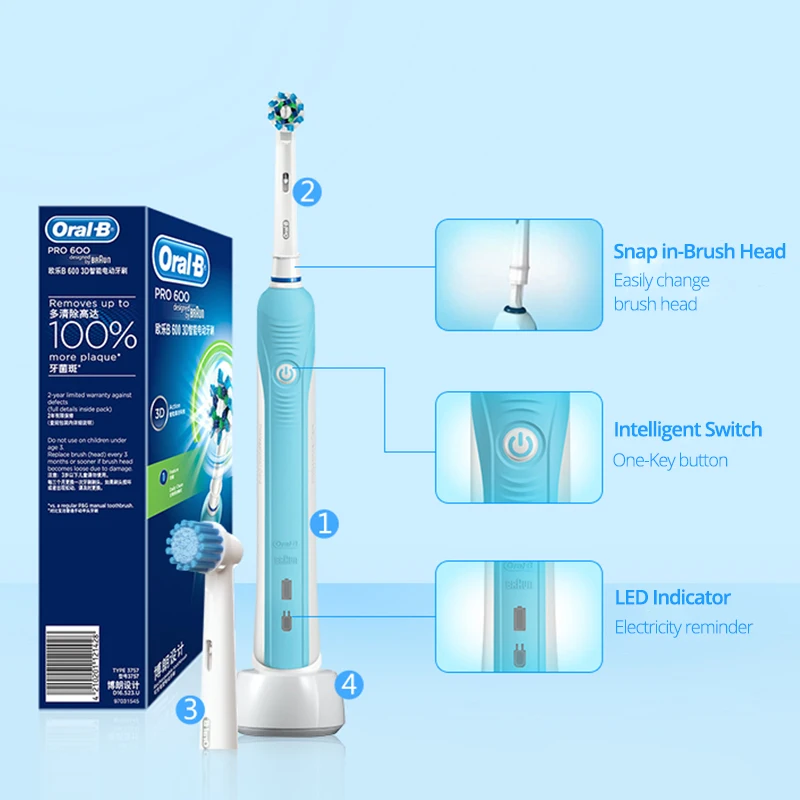 Oral B-소닉 전동 칫솔 Pro600 충전식 회전 구강 위생 3D 칫솔 헤드, 구강 딥 클린 민감한 케어