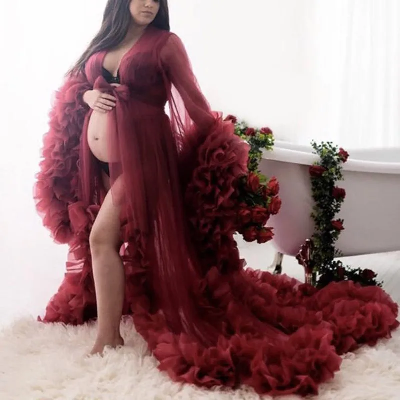 Elegant Chic Bridal Fluffy Tulle Robes Custom Made Maternity Bamboo Dressing Gown For Photo Shoot Women Long Sheer Bathrobe