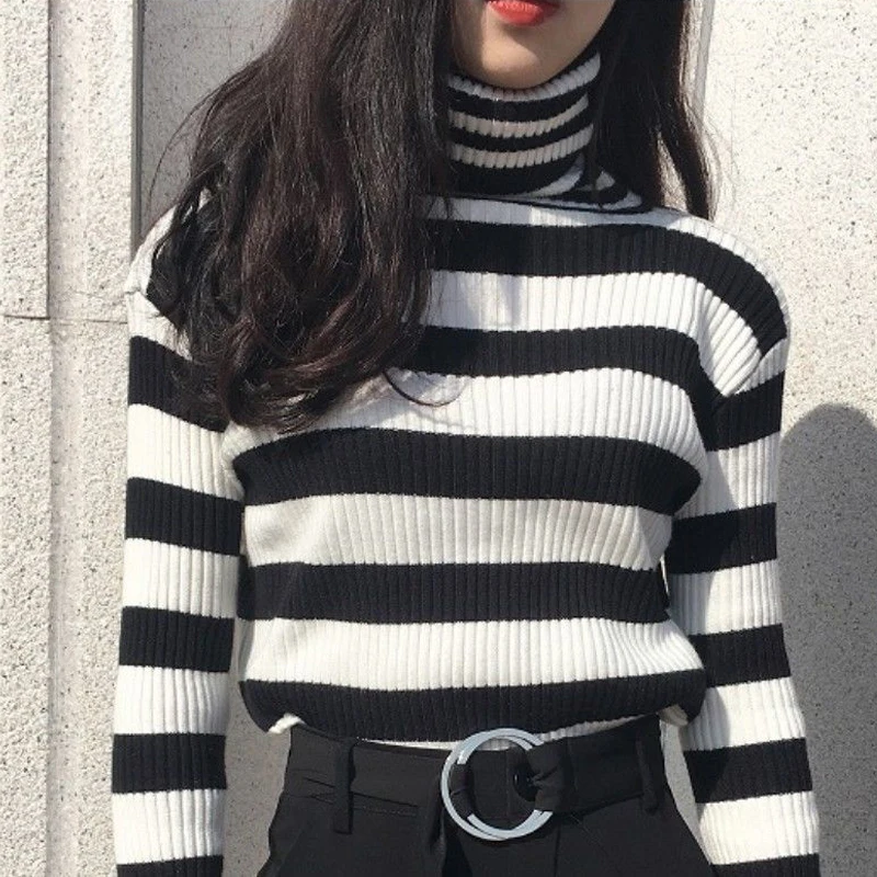 Turtleneck Women Striped Sweater 2021 Autumn Winter Korean Fashion Slim Pullover Basic Top Casual Soft Knit Sweaters Long Sleeve