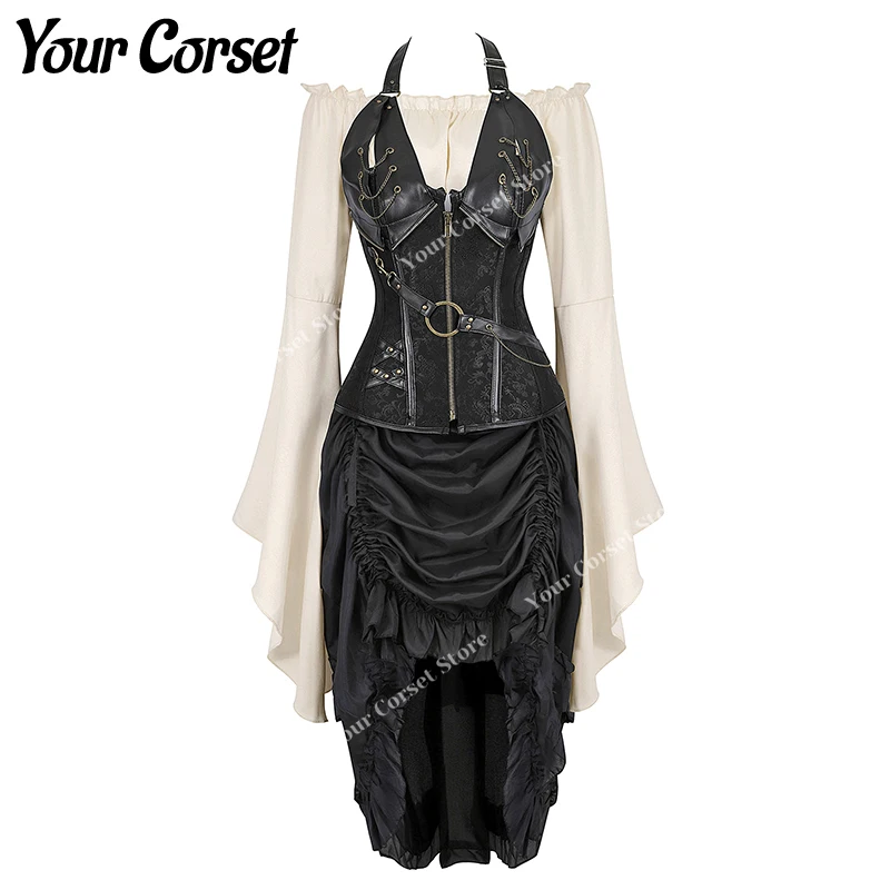 Women Steampunk Corset Dress Vintage Corset with Straps Three Piece Pirate Shirt with Corset Plus Size Vinking Costume Dress