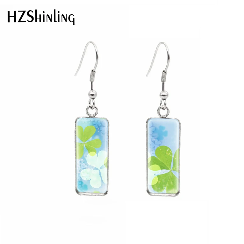 Four Leaves Patterns Green Plants Glass Cabochon French Hook Dangle Pendants Summer Ear Accessories Jewelry for Girls