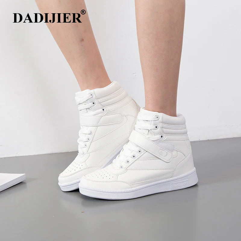 Women Sneakers Hidden Height Increasing autumn winter shoes PU Leather Shoes Woman High Top White Black Shoes ST213