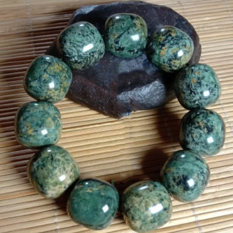 Natural Jade Tibetan Medicine King Stone Serpentine Gold Flower Old Bead Bracelet Men and Women Health Care Jewelry