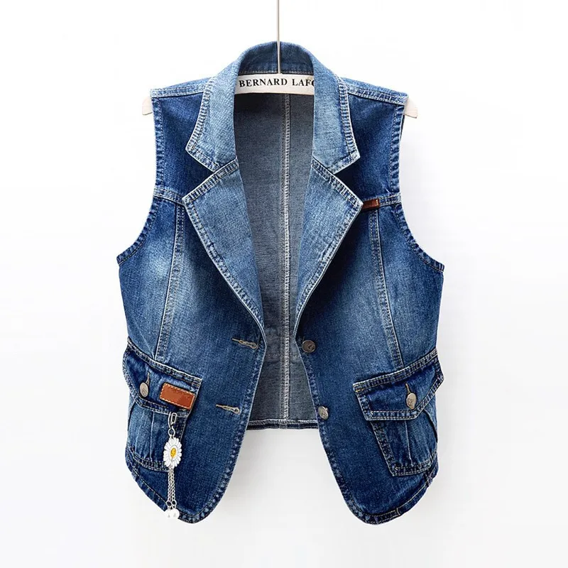 

2024 Summer Korean Denim Vest Women Waistcoat Casual Casual Short Sleeveless Jacket Vintage Dark Blue Slim Jeans Vests Female