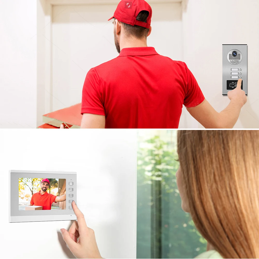 7\'\' Video Intercom System doorbell Wired Network Cable Camera with Color Video Door Phone for 3 Family Apartment