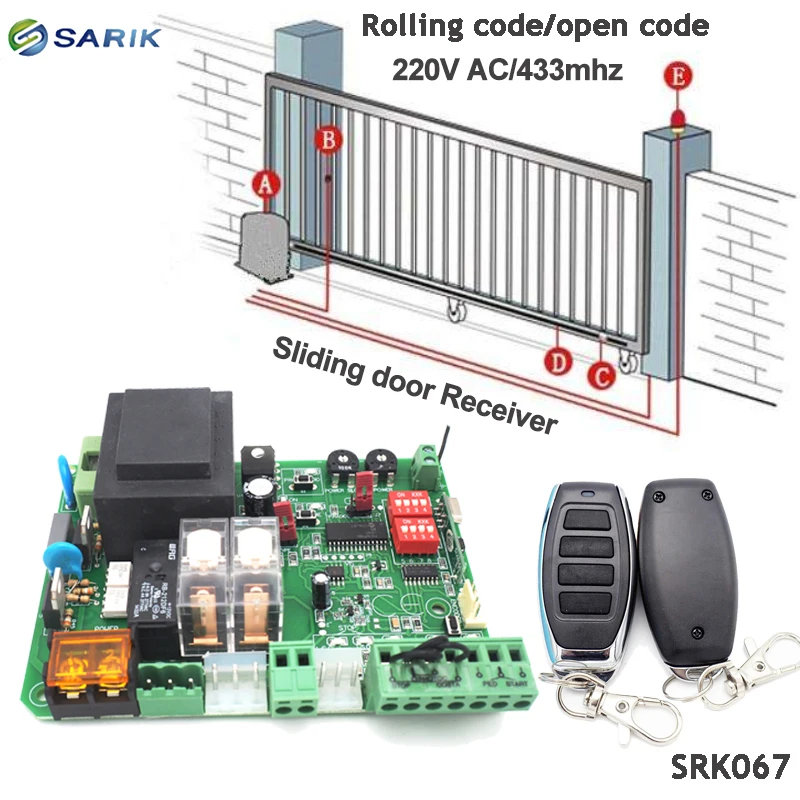 

220v 433mhz rolling code sliding gate opener receiver board with 2PCS Wireless remote control