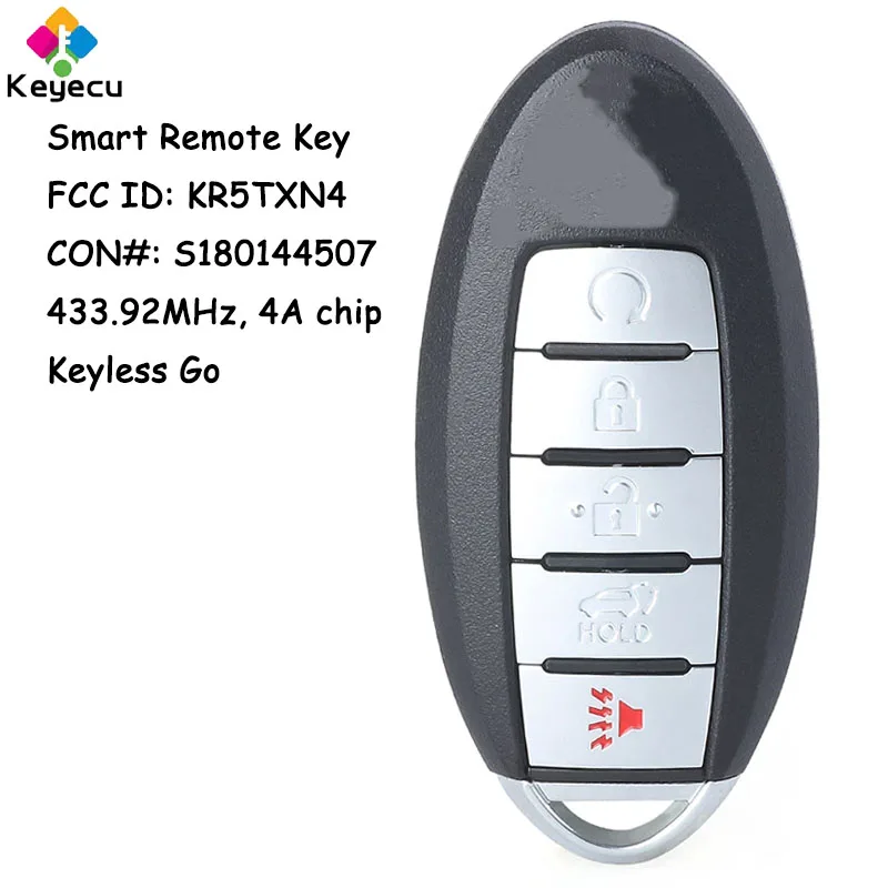 

KEYECU Smart Keyless Go Remote Car Key With 5 Buttons 433.92MHz 4A Chip for Nissan Rogue 2019 2020 Fob FCC ID:KR5TXN4 S180144507