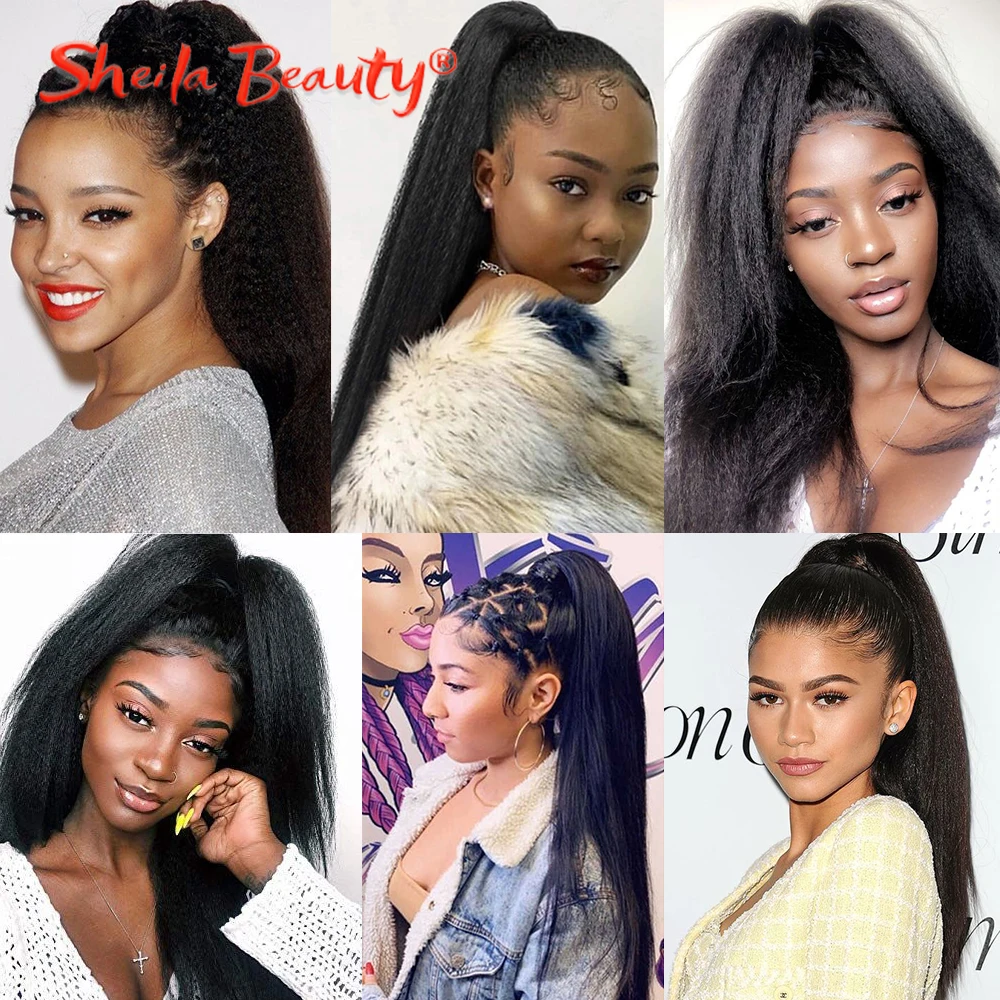 Synthetic Hair Long Afro Kinky Curly Ponytail Extension Yaki Straight  Drawstring Ponytail Hairpieces With Elastic Band