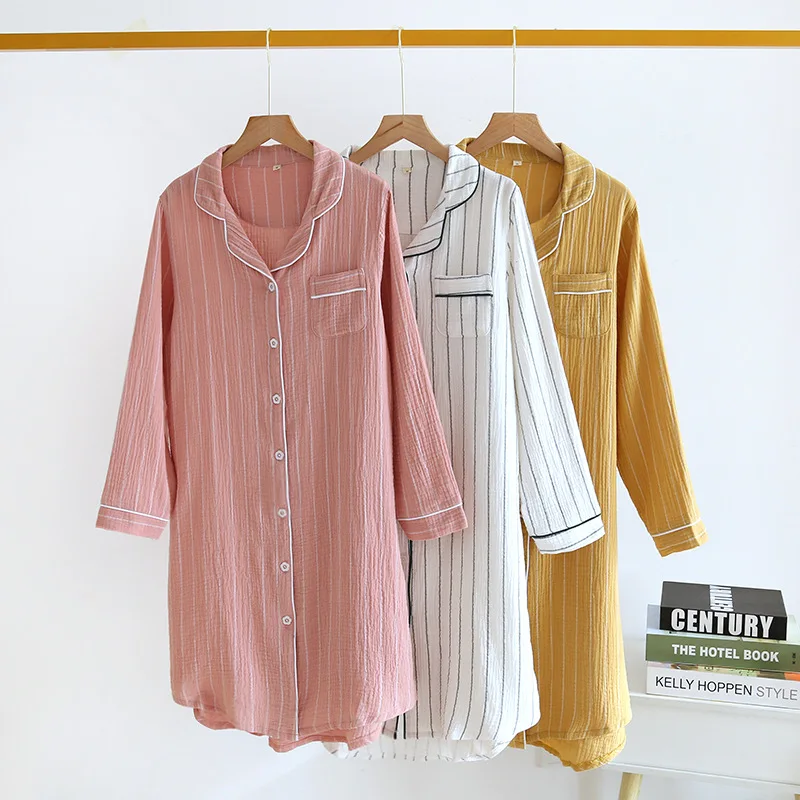 2024 new spring and summer women\'s 100% cotton long-sleeved nightdress home simple plus size striped home nightwear long dress