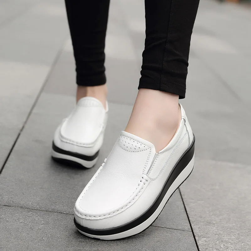 Spring Women\'s leather shoes Platform Shoes Casual Shoes Breathable Wedge Sneakers white Black Trainers Knitting Shoes Large siz