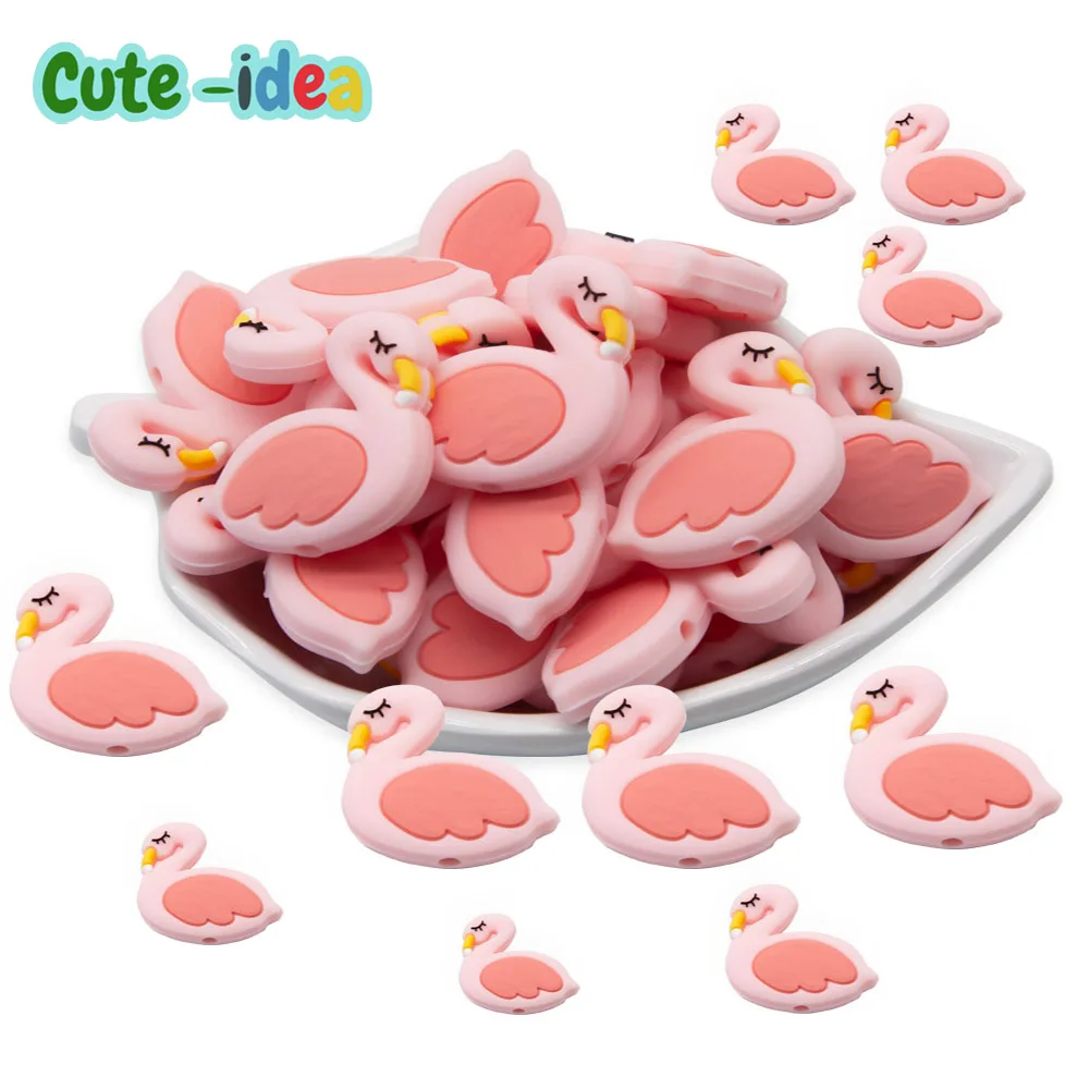 Cute-idea 10pcs Mini Flamingo Animal Baby Teether Silicone Beads BPA Free For Baby Toys Chewable Pacifier Chain DIY Making