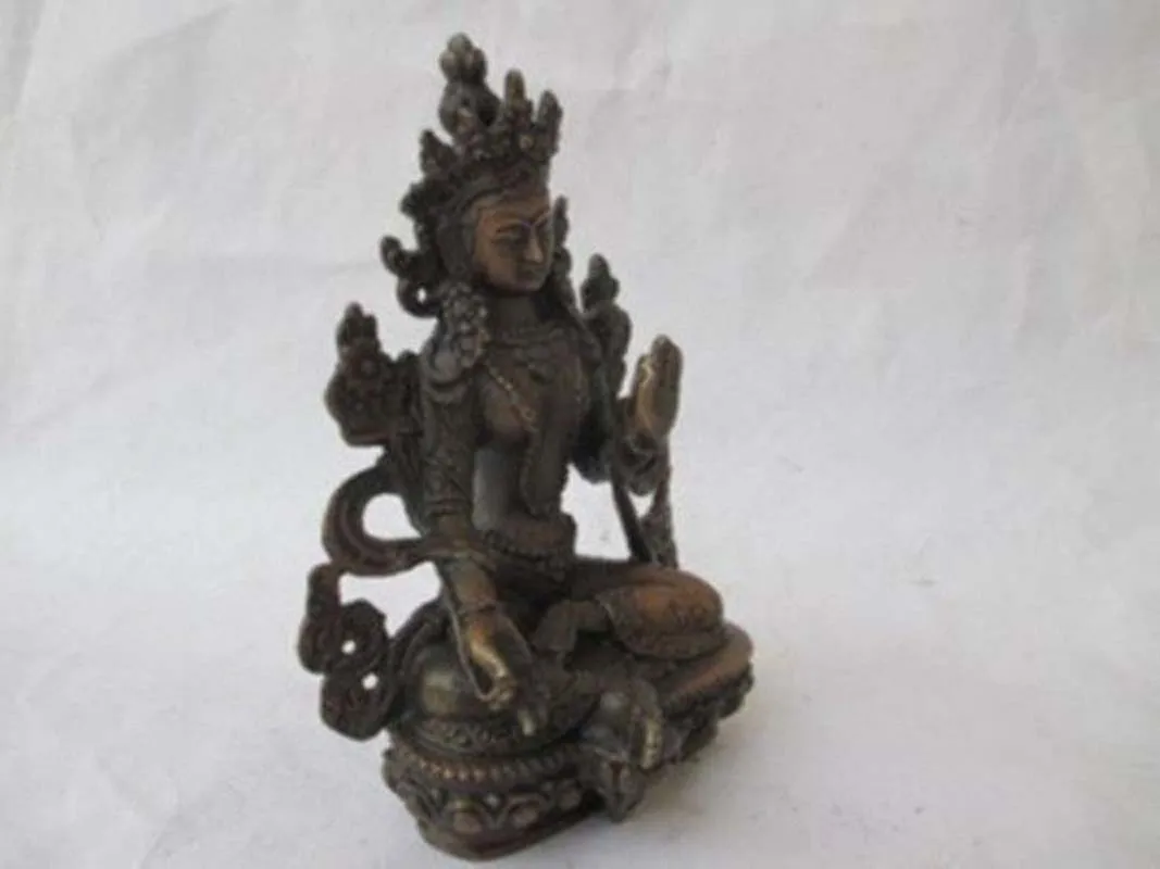 Chinese Tibet bronze Green Tara Kwan-yin Bodhisattva Buddha Statue