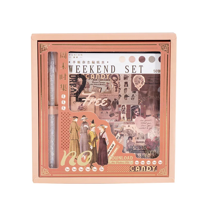 50 Sheets/pack Washi Paper Sticker Set Hand Account Magazine Series Hand-painted Cartoon Material Decorative Stickers