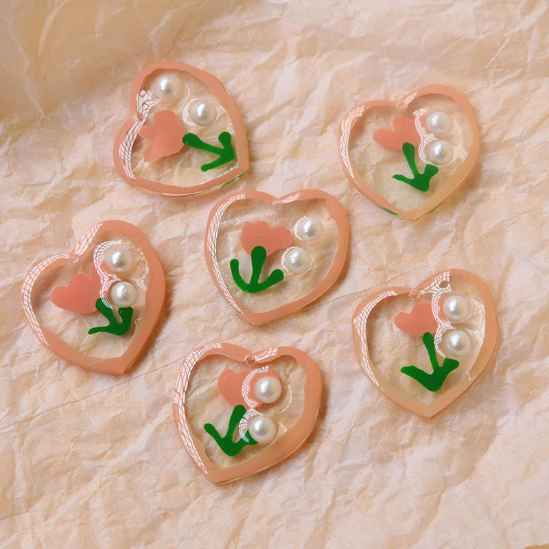 5PCS French Sweet Hand-painted Small Flower Pearl Peach Diy Resin Accessories Hand-made Earrings Phone Case Material