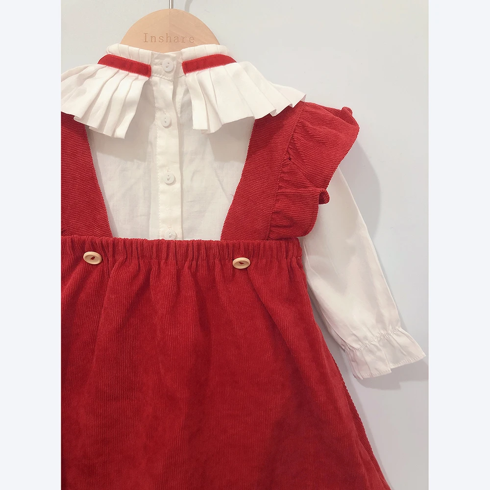 3pcs 1-5years Autumn Children Boutique Clothing Spanish Girls Eid Red Dress Long Sleeve Cotton Shirt Princess Birthday Suit