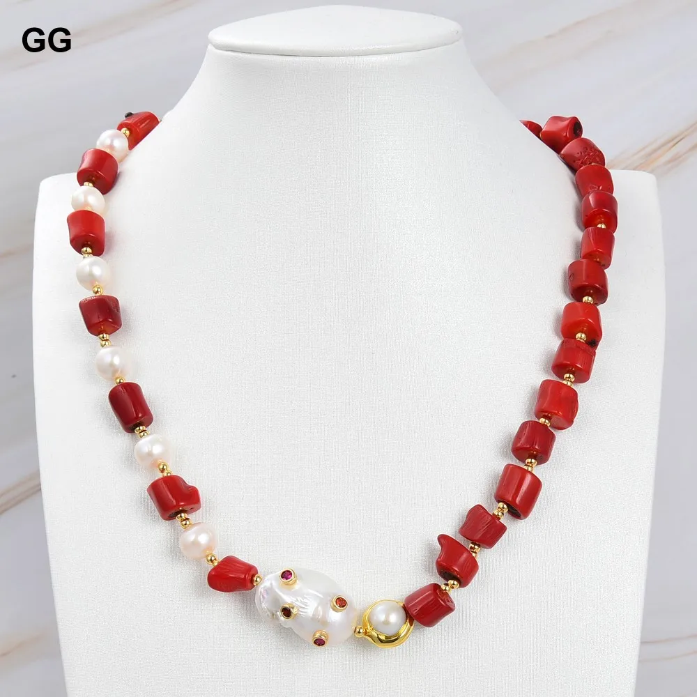 GuaiGuai Jewelry Red Coral White Pearl Necklace White Keshi Pearl Cz Pave Pendant 21