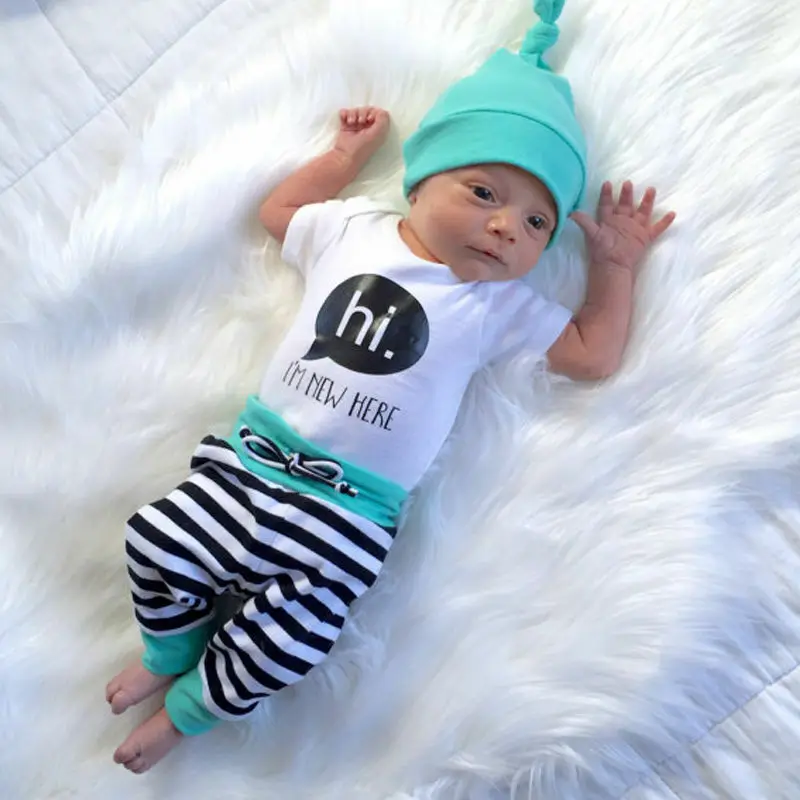 Newborn Baby Boy Girl 0-18M Romper T Shirt Tops+Long Strip Pants+Hat 3Pcs Outfit Set