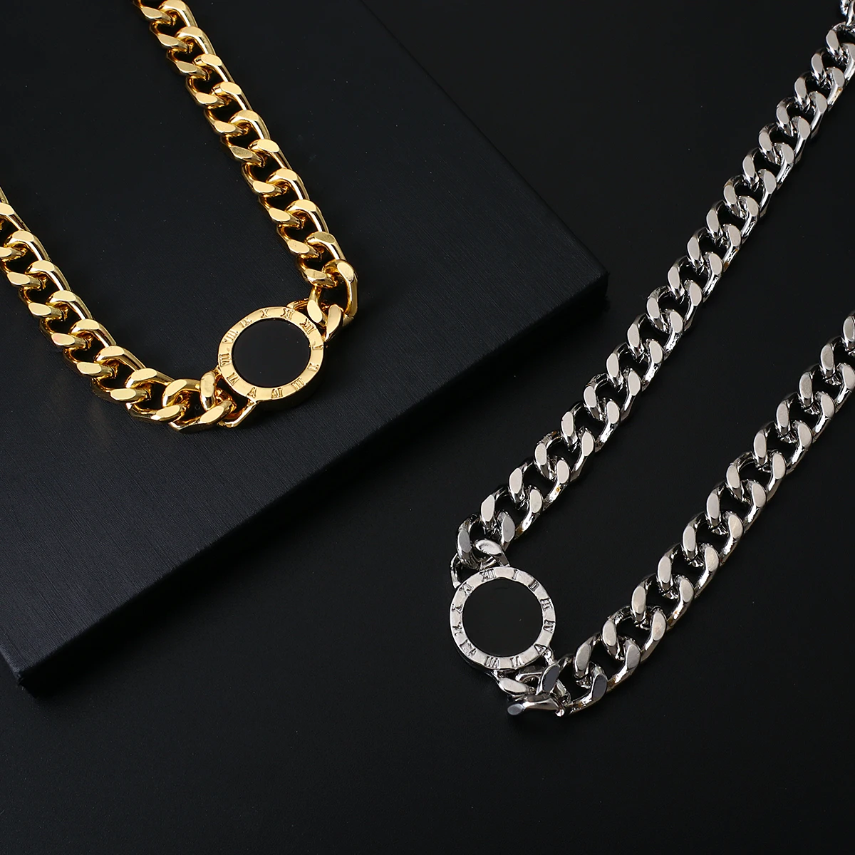 Flashbuy Trendy Roman Numerals Black Round Necklace Women Men Gold Color Thick Chain Statement Necklaces Collares Jewelry