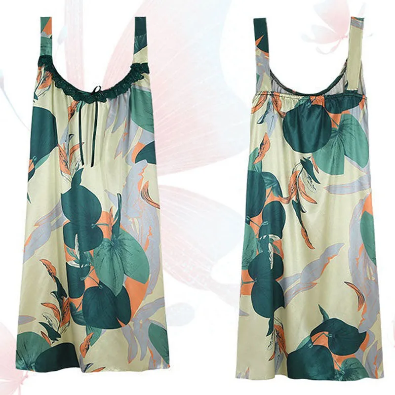 Summer Print Nightdress Women's Sling Thin Middle-Aged And Elderly Mothers Loose Fashion Cool Home Service Pajamas Dresses W66