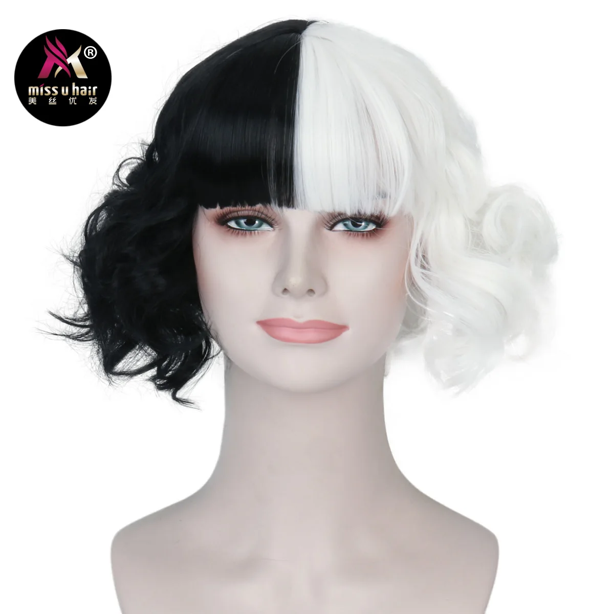 Miss U Hair Women Short Fluffy Half Black and White Curly Wig with Bangs Adult Halloween Cosplay Party