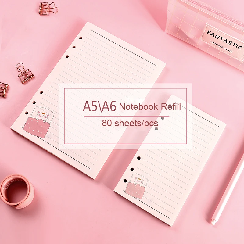 Sharkbang New 80 Sheets Kawaii Sleeping Cat A5 A6 Loose Leaf Notebook Refill Spiral Binder Inner Pages Line Grid Blank Agenda