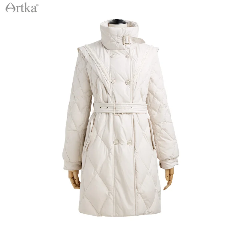 Imagem -04 - Artka 2023 Inverno Nova Jaqueta Feminina para Baixo Elegante Gola 90 Pato Branco para Baixo Cabolsa Midi Warm Down Jacket com Cinto Zk25012d