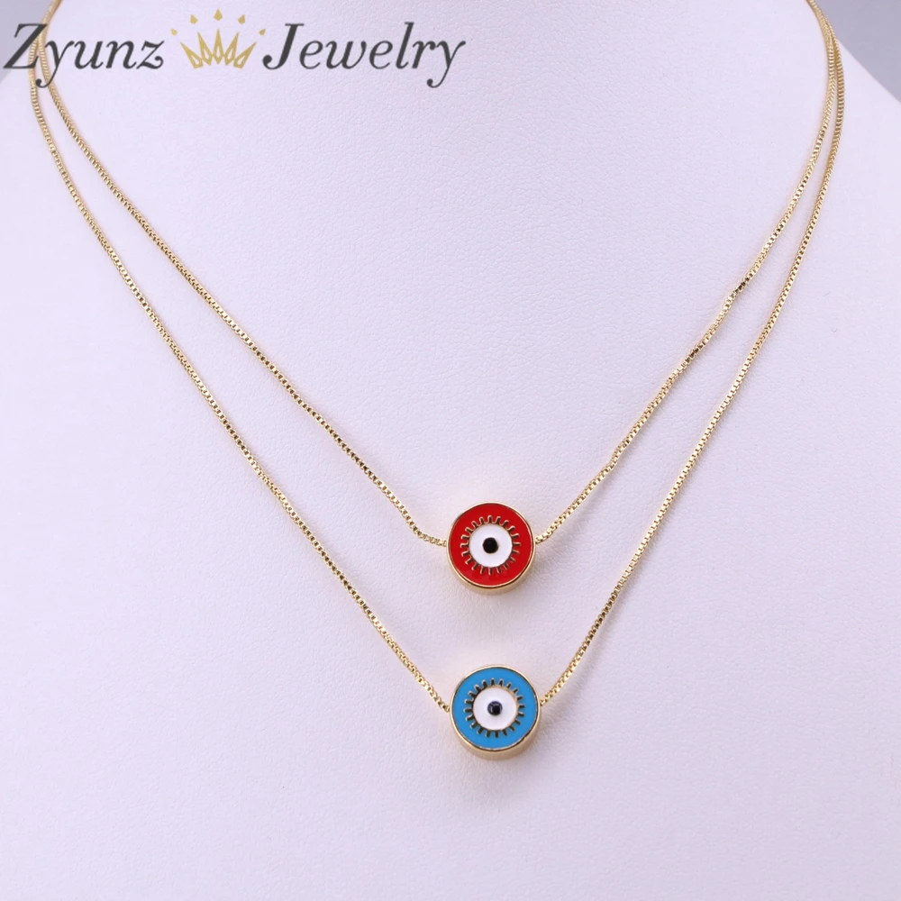 10PCS, Colorful Enamel Round Coin Eye Turkish Jewelry Pendant Bead Necklace Lucky Cute Eye Charm Chain Gold Jewelry