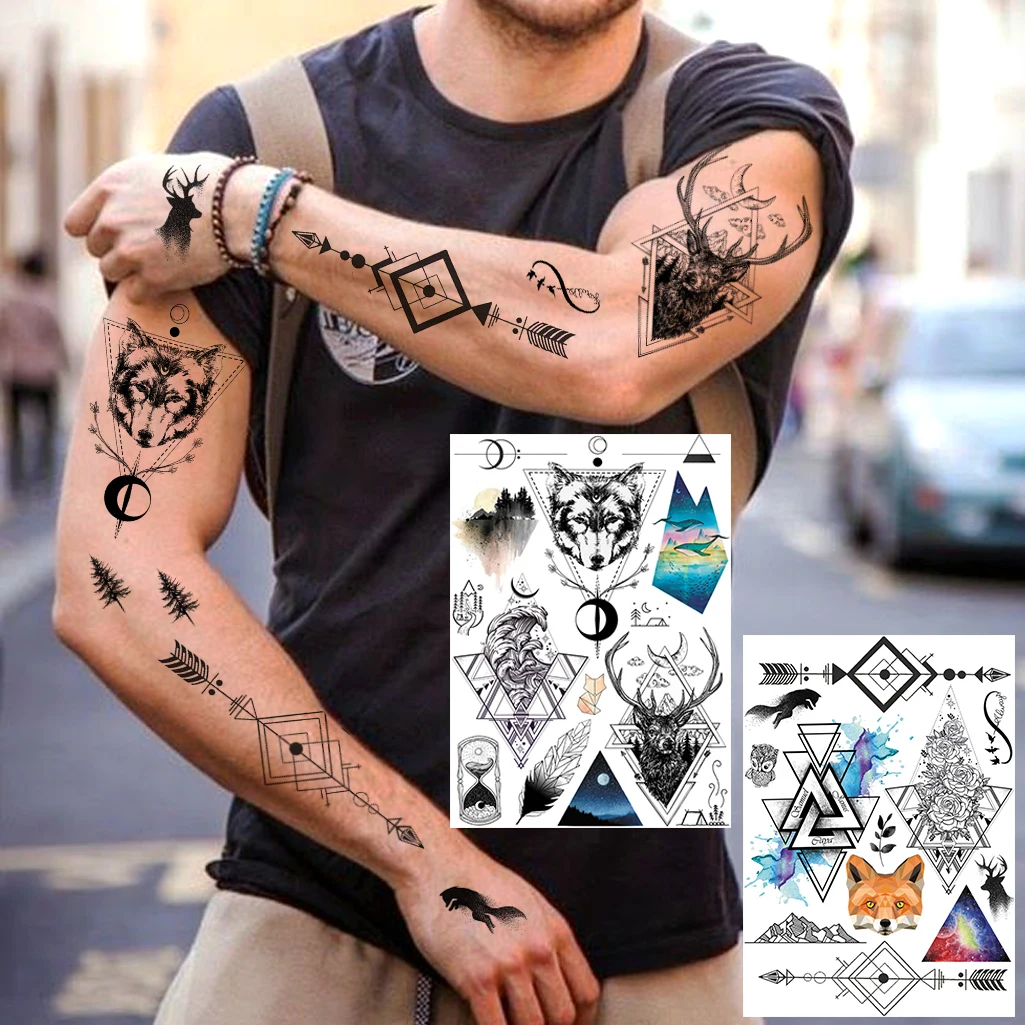 Wolf Triangle Fox Temporary Tattoos For Children Men Fake Elk Flower Tattoo Body Arm Hands Mountain Tatoo Feather Geometric Wave