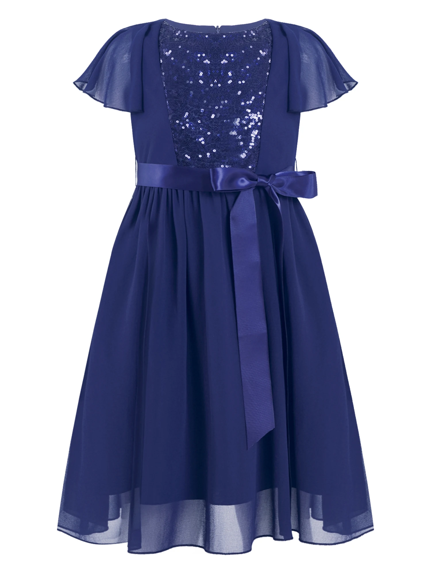 

4-14Y Kids Girls Shiny Sequin Chiffon Party Dress Round Neck Ruffle Sleeve Fully Lined Solid Dress with Detachable Satin Sash