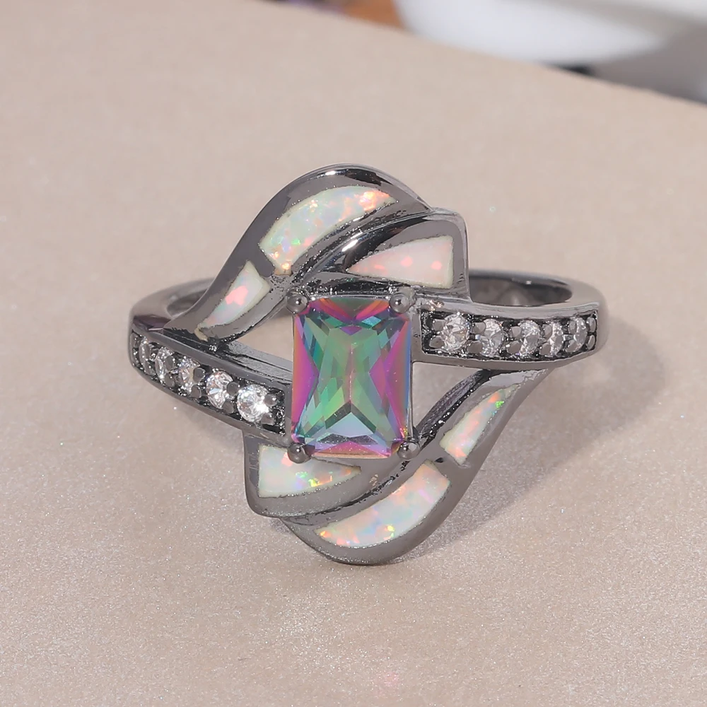 

CiNily Created White Fire Opal Rings with Mytic Cubic Zirconia Black Gold Color Wholesale for Women Jewelry Ring Size 6/7/8/9